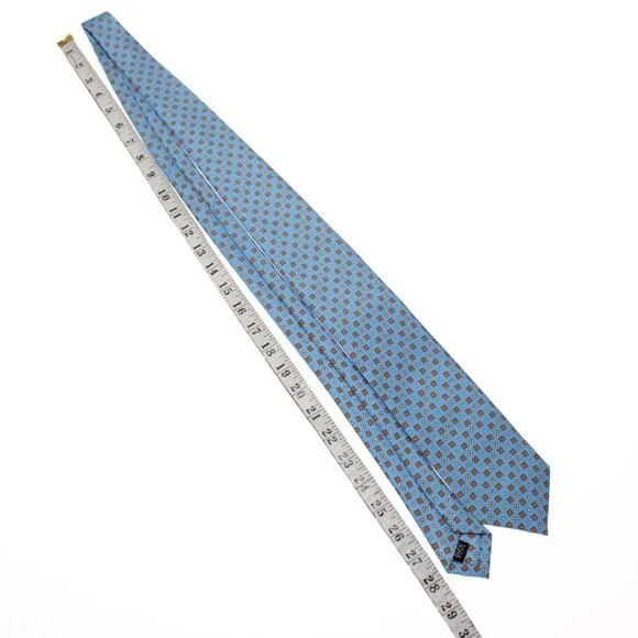 Drake's NWT Neck Tie in Light Blue with Orange/White Geometric Pattern 100% Silk